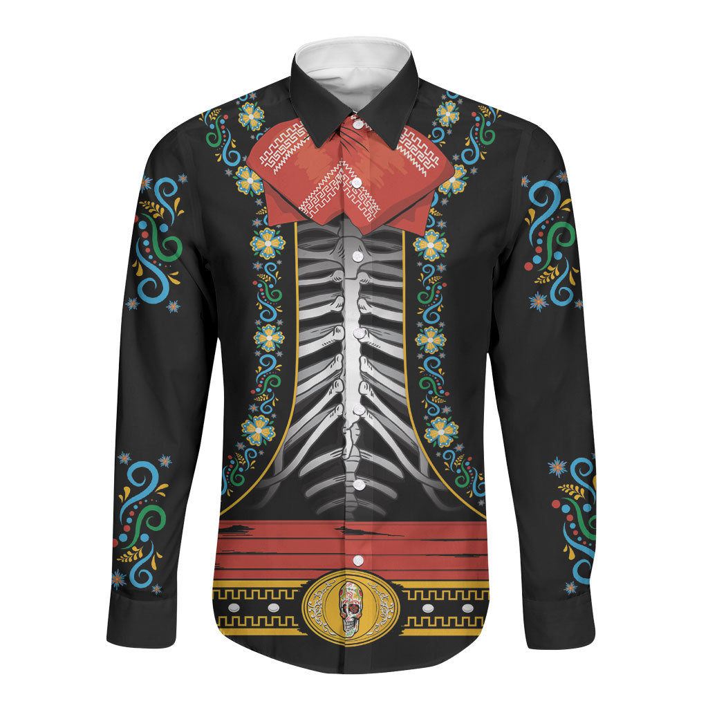 Dia de los Muertos Charro Suit Inspired Long Sleeve Button Shirt Mariachi Sugar Skull Black