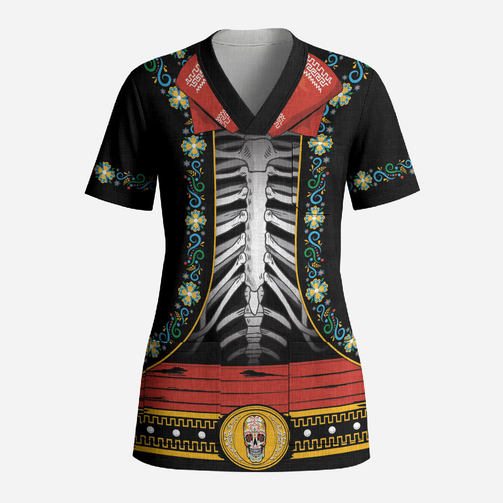 Dia de los Muertos Charro Suit Inspired Scrub Top Mariachi Sugar Skull Black