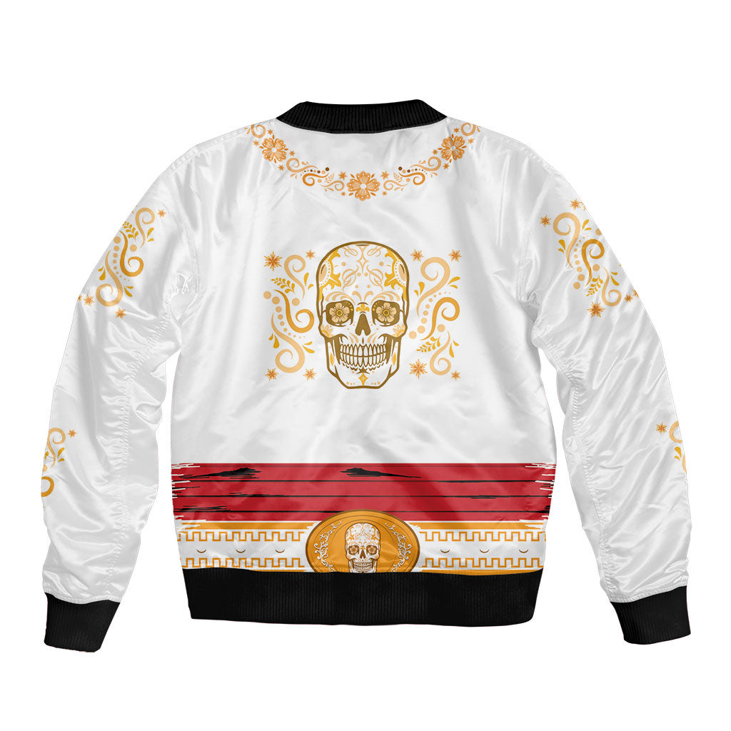 Dia de los Muertos Charro Suit Inspired Bomber Jacket Mariachi Sugar Skull White