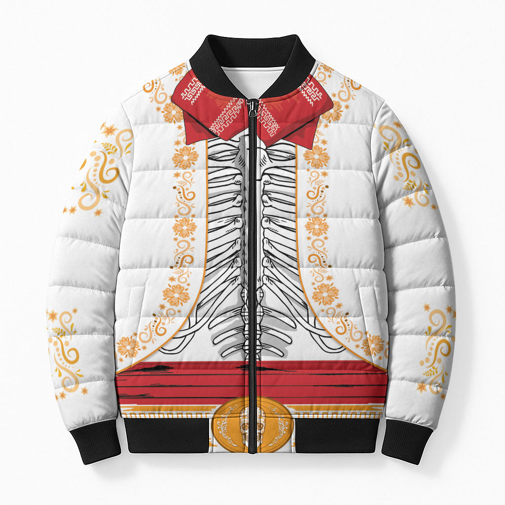 Dia de los Muertos Charro Suit Inspired Bomber Puffer Jacket Mariachi Sugar Skull White