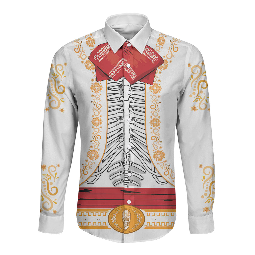 Dia de los Muertos Charro Suit Inspired Long Sleeve Button Shirt Mariachi Sugar Skull White