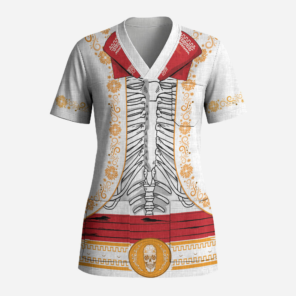 Dia de los Muertos Charro Suit Inspired Scrub Top Mariachi Sugar Skull White