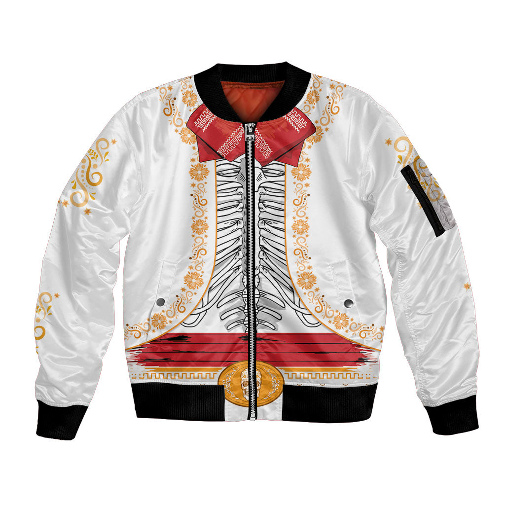 Dia de los Muertos Charro Suit Inspired Sleeve Zip Bomber Jacket Mariachi Sugar Skull White
