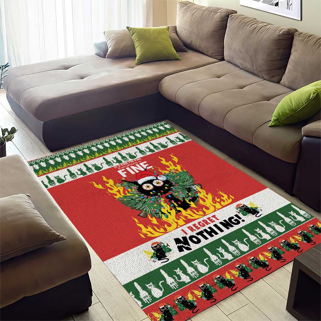 Red Christmas area rug with green border, cat in flames center, 'FINE' and 'I REGRET NOTHING!'