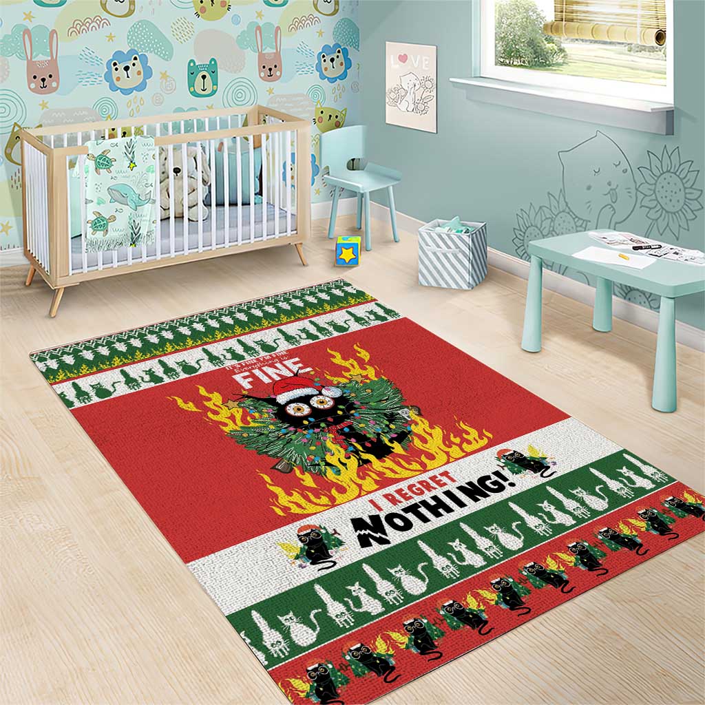 Red Christmas area rug with green border and cat flames graphic, 'FINE' in center.