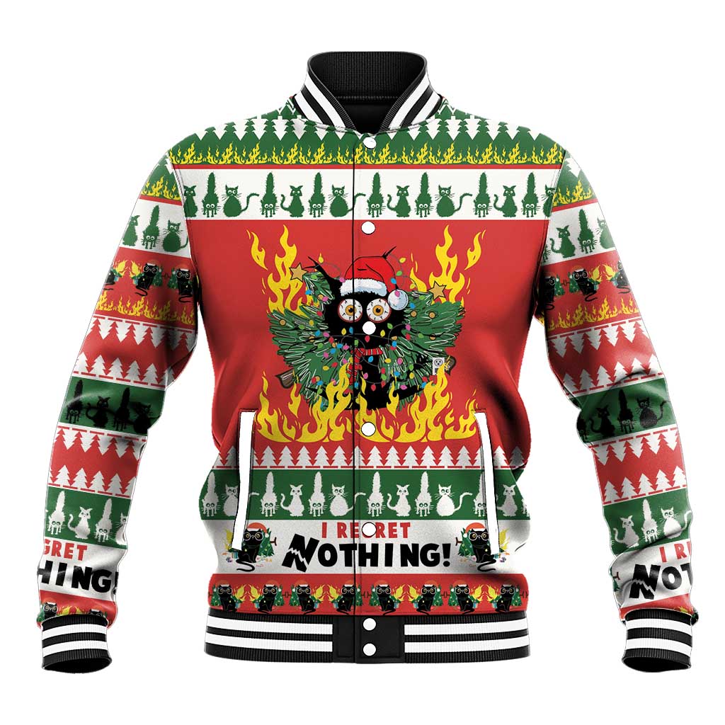 Unisex red baseball jacket with green/white holiday cat graphic and striped cuffs