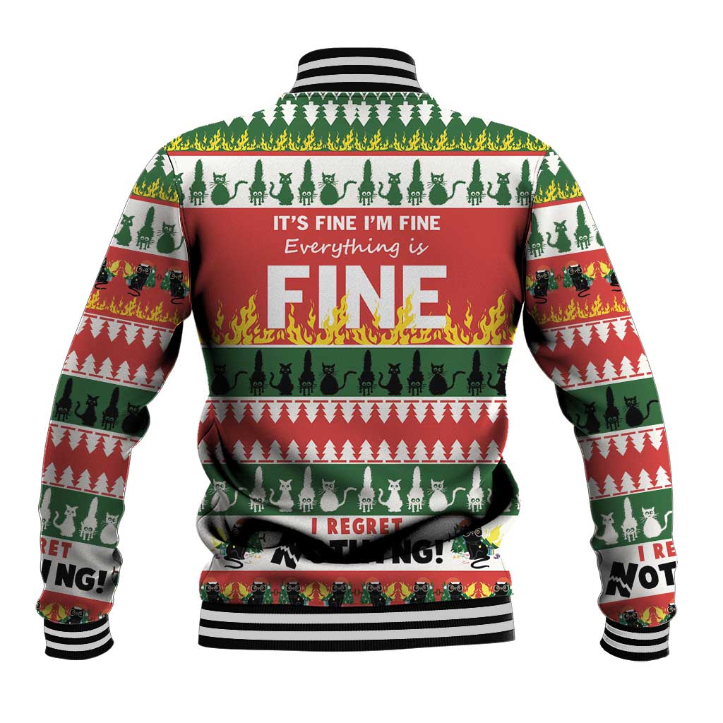 Unisex red baseball jacket back graphic with 'It's fine' flames and cat silhouettes
