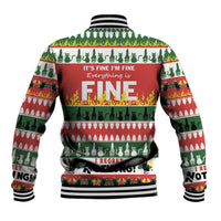 Unisex red baseball jacket back graphic with 'It's fine' flames and cat silhouettes