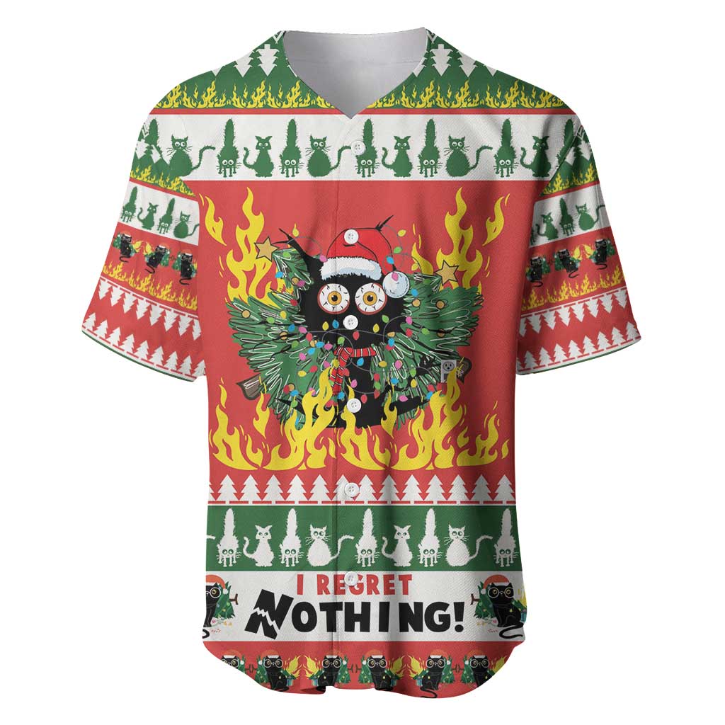 Red Christmas baseball jersey with flaming cat-owl graphic and “I regret nothing!”