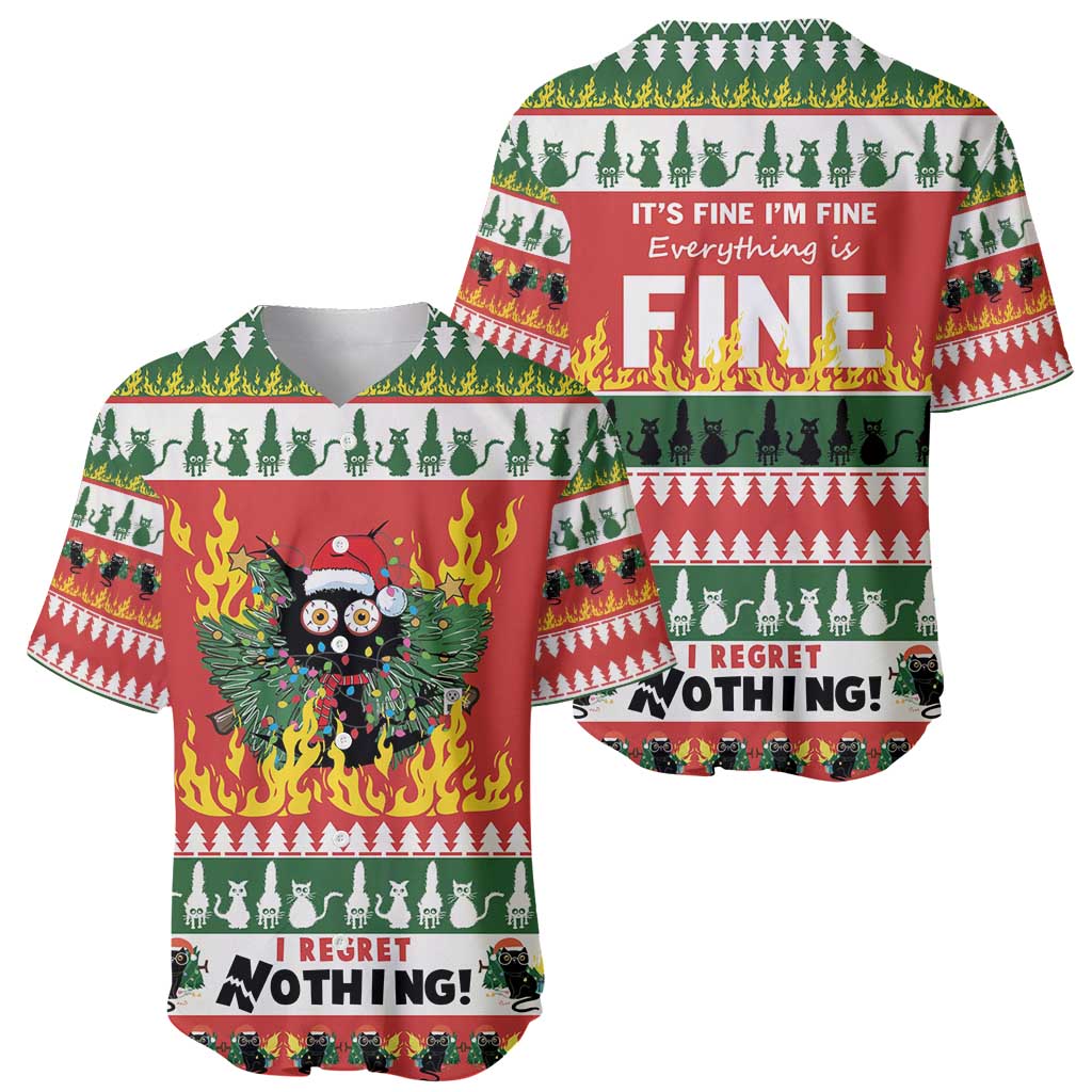 Christmas baseball jersey front and back, red/green flaming cat-owl graphic, “I regret nothing!”