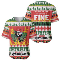 Christmas baseball jersey front and back, red/green flaming cat-owl graphic, “I regret nothing!”