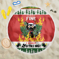 Red round beach blanket with white fringe and festive cat graphic, Fine text.