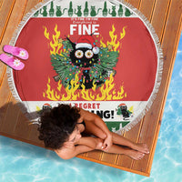 Red round beach blanket with white fringe and flaming cat design, holiday border print.