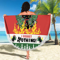 Red round beach blanket with white fringe and “I regret nothing!” holiday cat print.