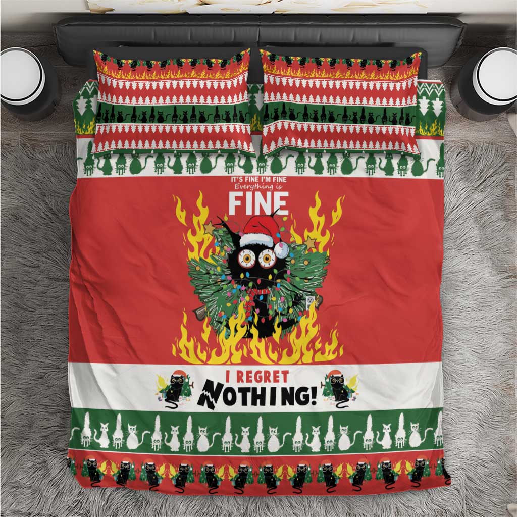 Christmas bedding set: red duvet with flaming owl graphic, green trim, two matching pillowcases