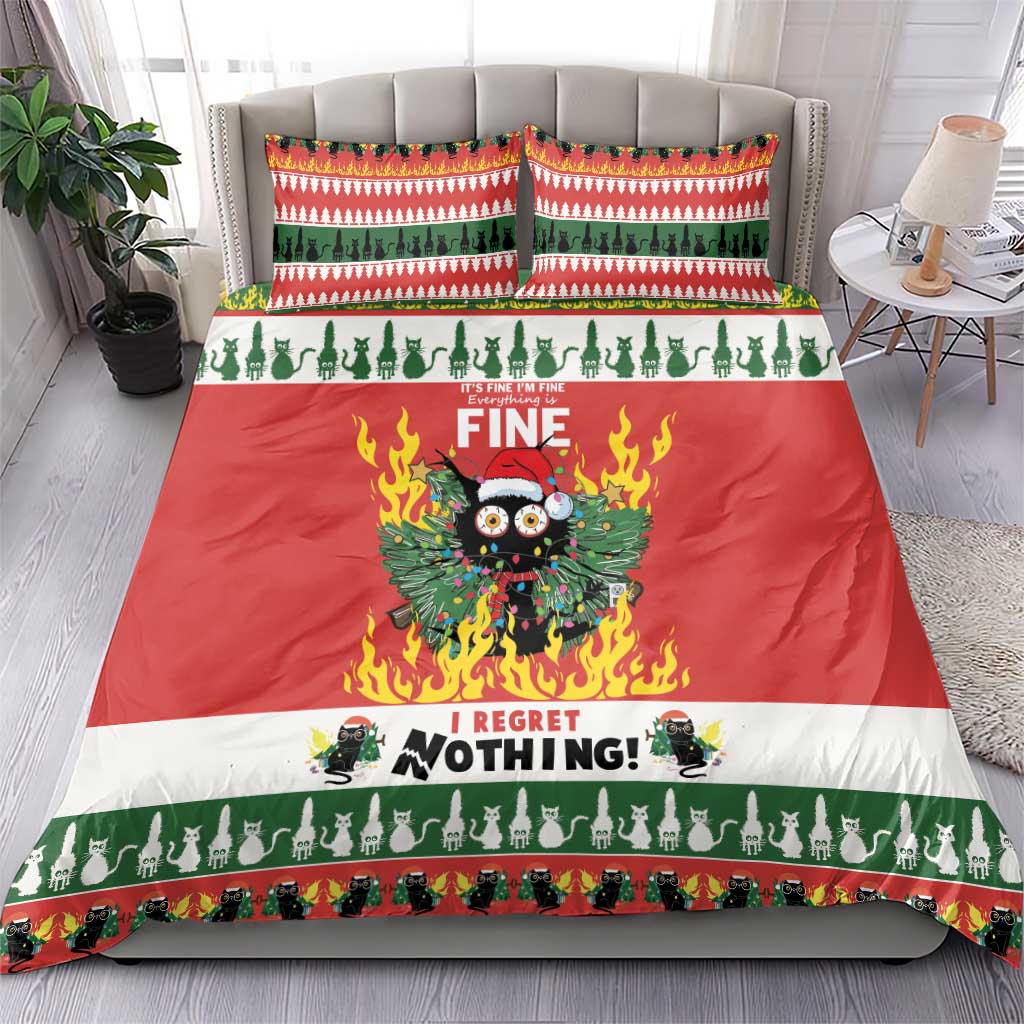 Christmas bedding set on bed: red duvet with flaming owl and "I regret nothing" text
