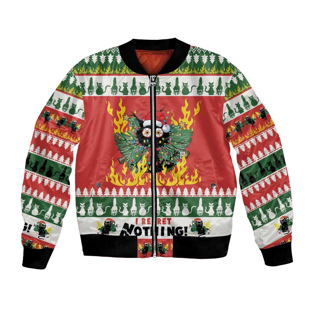 Unisex red bomber jacket with green holiday pattern, flame graphic, zip-front