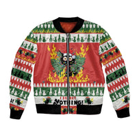 Unisex red bomber jacket with green holiday pattern, flame graphic, zip-front