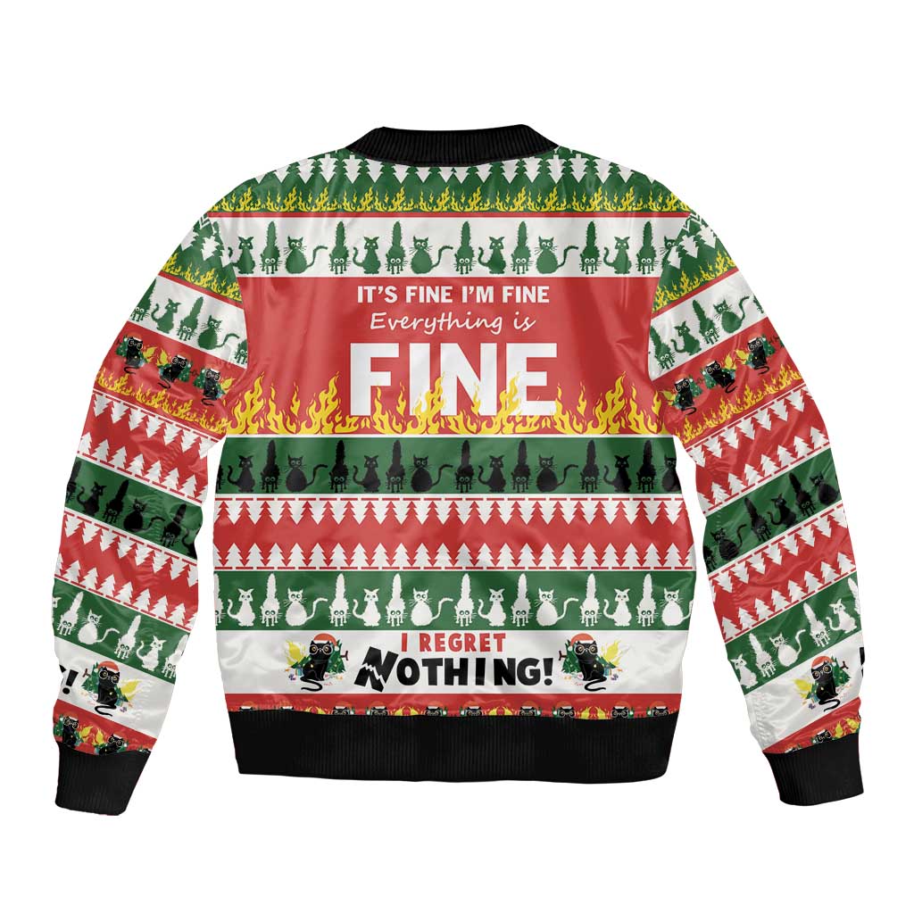 Unisex red bomber jacket, green holiday back print: “It’s fine I’m fine… I regret nothing!”