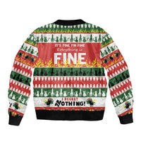 Unisex red bomber jacket, green holiday back print: “It’s fine I’m fine… I regret nothing!”