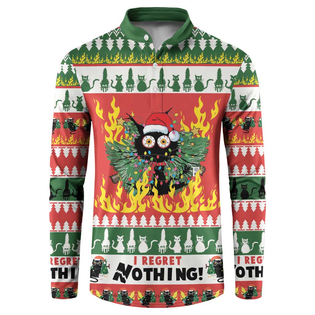 Green button-front sweatshirt with flaming owl cat graphic and I regret nothing!