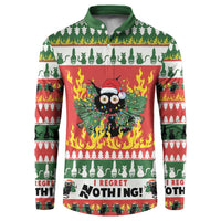 Green button-front sweatshirt with flaming owl cat graphic and I regret nothing!