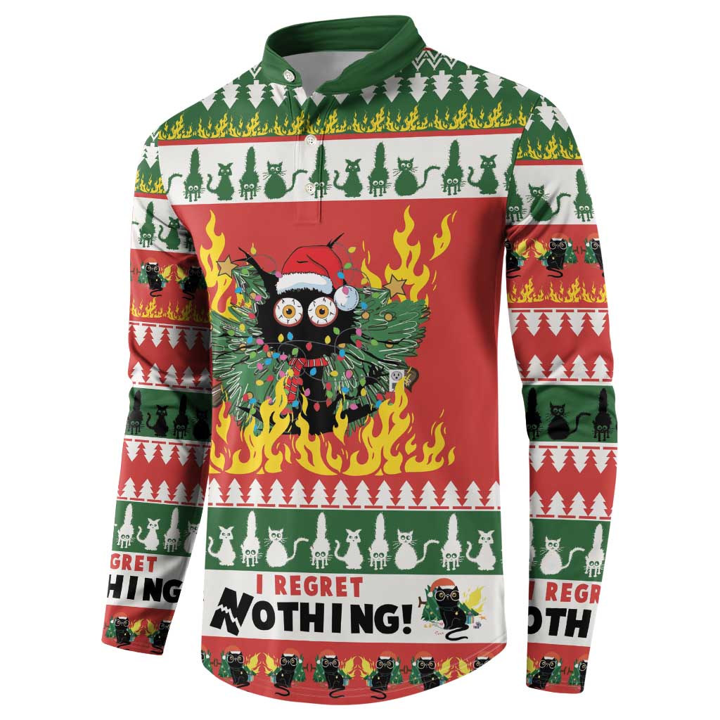 Green button-front sweatshirt with holiday cat-and-tree pattern and flaming owl center