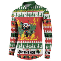 Green button-front sweatshirt with holiday cat-and-tree pattern and flaming owl center