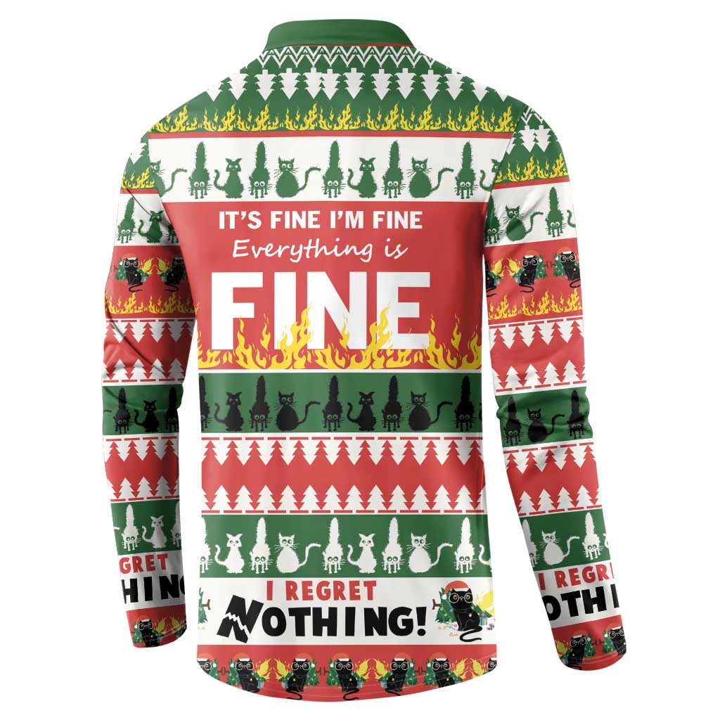 Green button-front sweatshirt, back: It's fine I'm fine Everything is Fine, FINE flames
