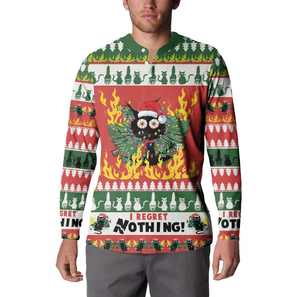 Green button-front sweatshirt on model with flaming owl cat graphic and holiday stripes