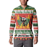 Green button-front sweatshirt on model with flaming owl cat graphic and holiday stripes