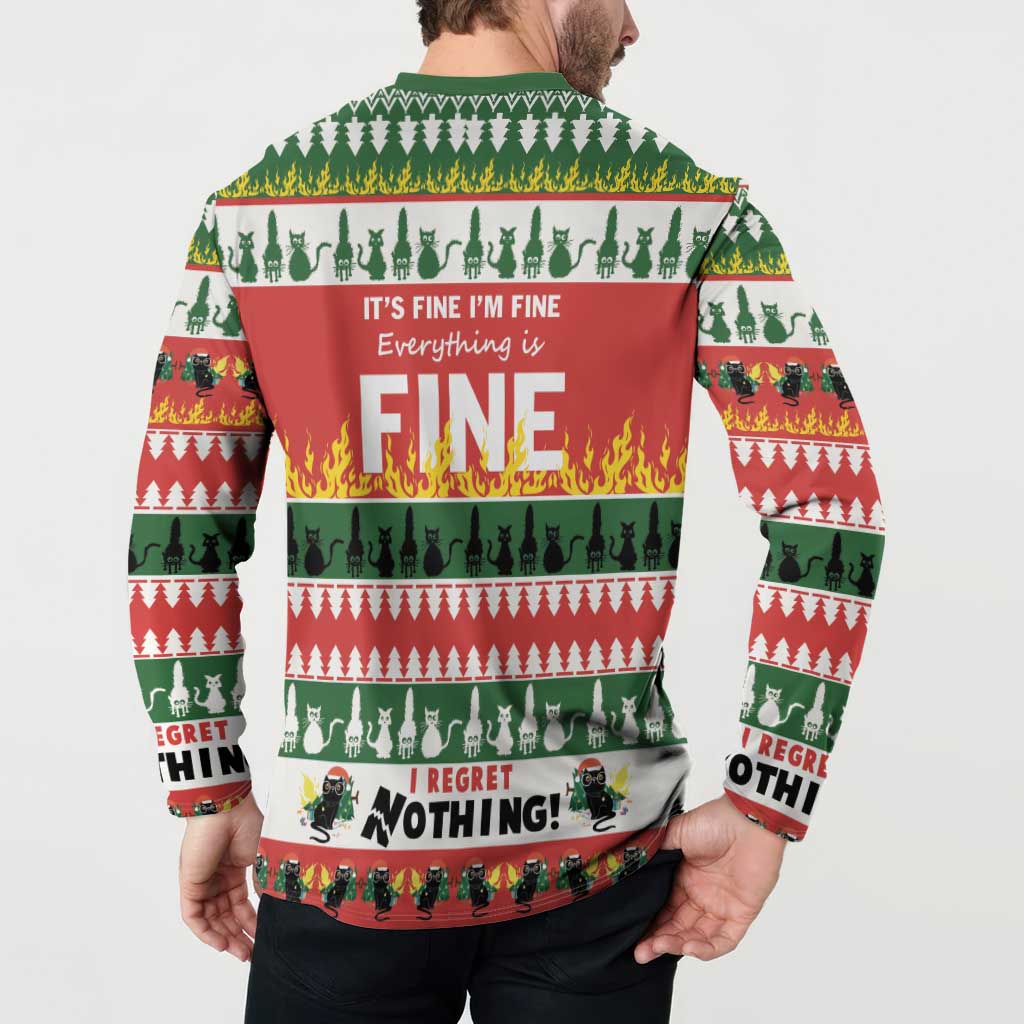 Green button-front sweatshirt on model, back: It's fine I'm fine Everything is Fine, FINE