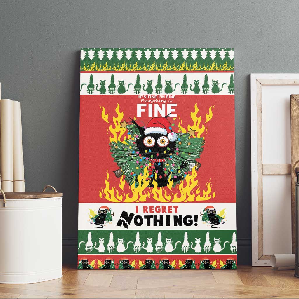 Red and green cat-themed canvas wall art hung on a wall with flaming owl character