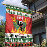 Red garden flag with green patterned trim and cat-in-flames graphic, “FINE” text