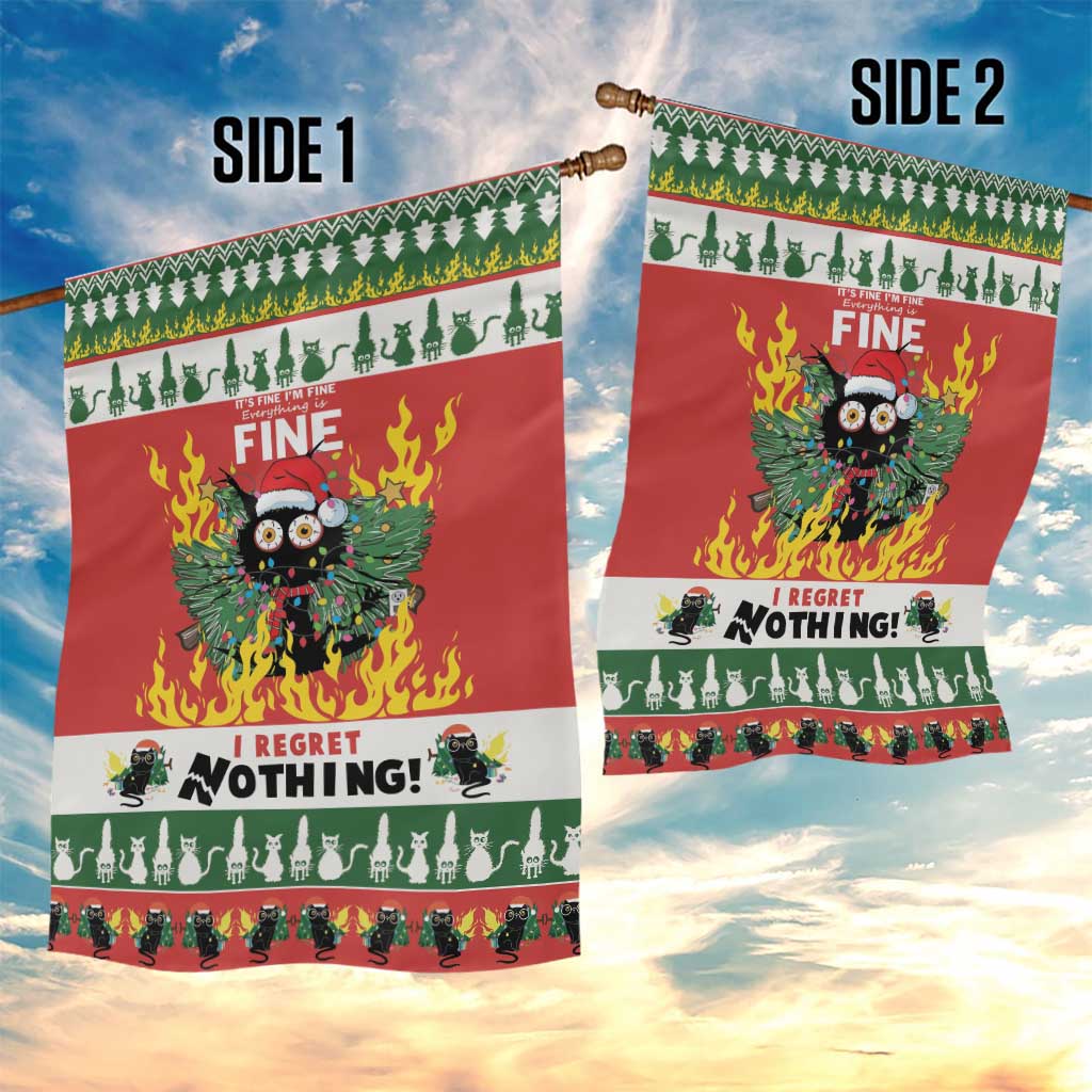 Two-sided red garden flags with green trim, cat-in-flames graphics, “FINE” and “I REGRET NOTHING!”