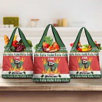 Three red Christmas grocery tote bags with cat-themed front design and green trim