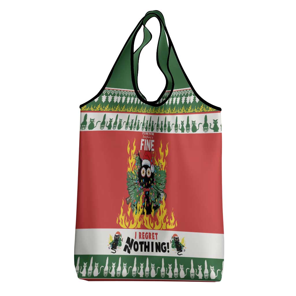 Red Christmas grocery tote bag with cat graphic, green border, and top carry handle