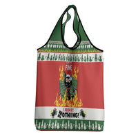 Red Christmas grocery tote bag with cat graphic, green border, and top carry handle