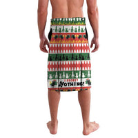 Multicolor Christmas lavalava, back view, 'I REGRET NOTHING!' and trees, knee-length