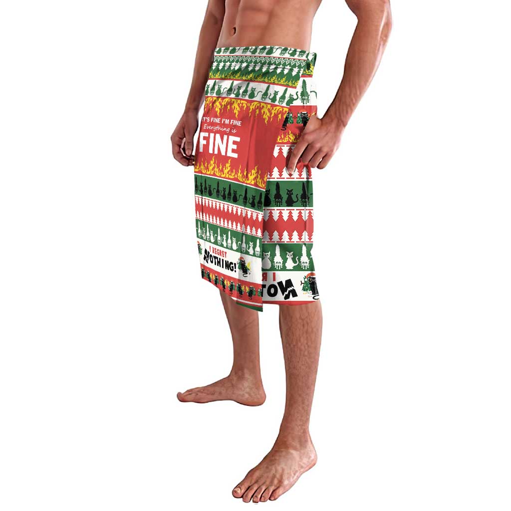 Multicolor Christmas lavalava, side view, 'FINE' and tree graphics, knee-length