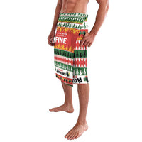 Multicolor Christmas lavalava, side view, 'FINE' and tree graphics, knee-length