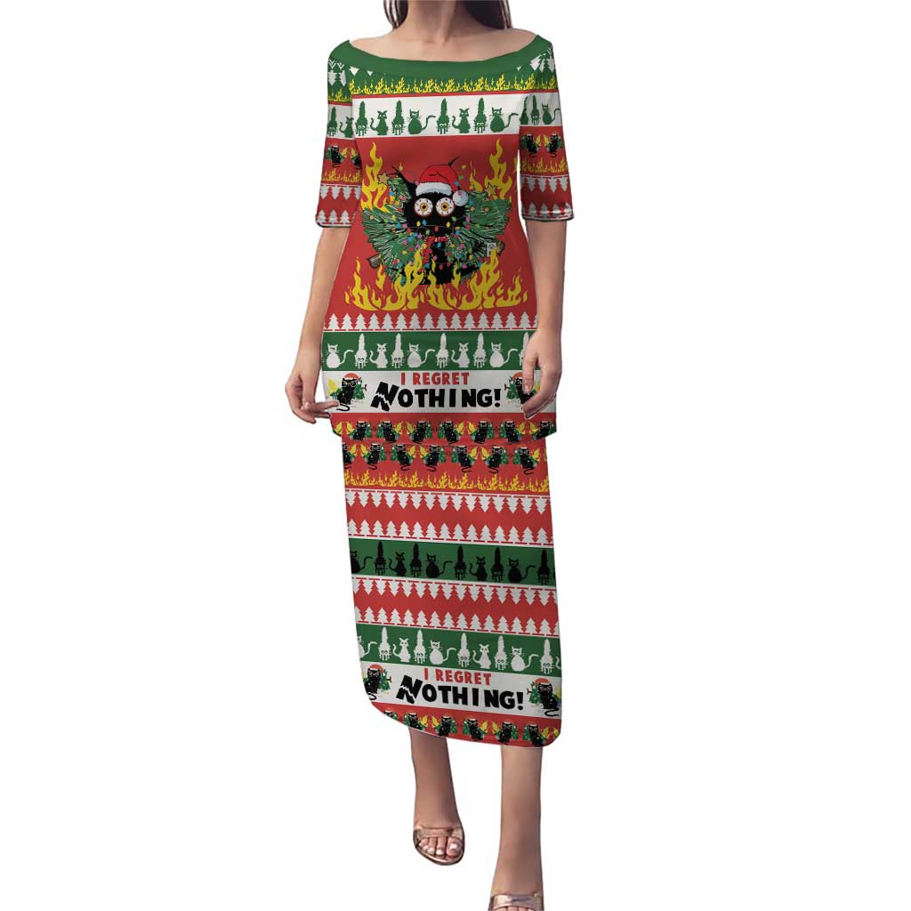 Long Christmas print dress in green and red with cat graphic, short sleeves