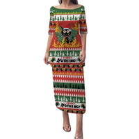 Long Christmas print dress in green and red with cat graphic, short sleeves