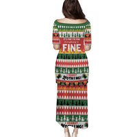 Long Christmas print dress in green and red with cat graphic and tree stripes