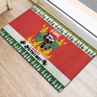 Red rubber Christmas doormat with cat graphic, flames, and green-and-white border
