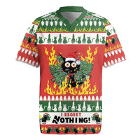 Festive rugby jersey in red and green with owl graphic, flames, and cat pattern