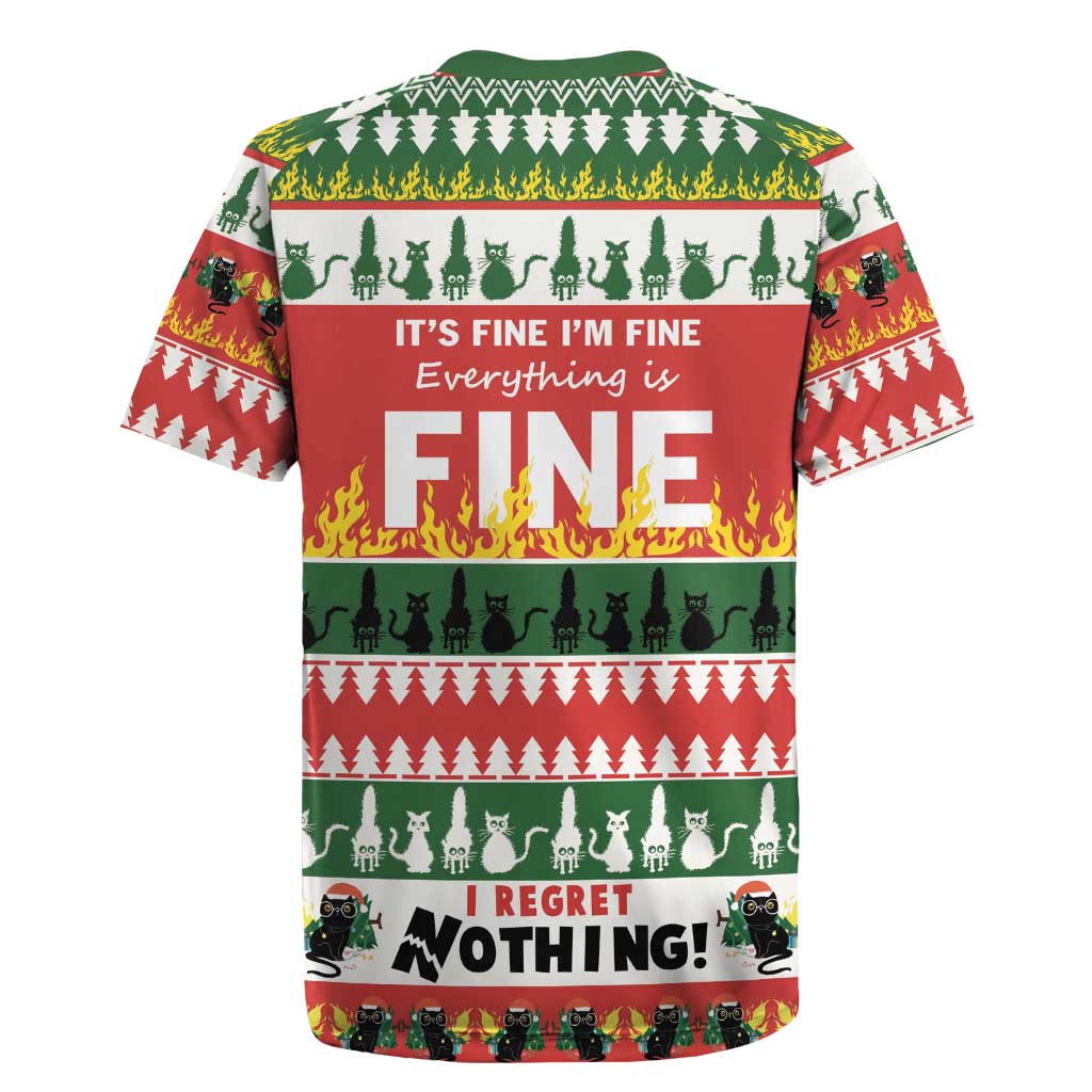 Back view festive rugby jersey in red and green with 'Fine' text and cat pattern