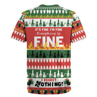 Back view festive rugby jersey in red and green with 'Fine' text and cat pattern