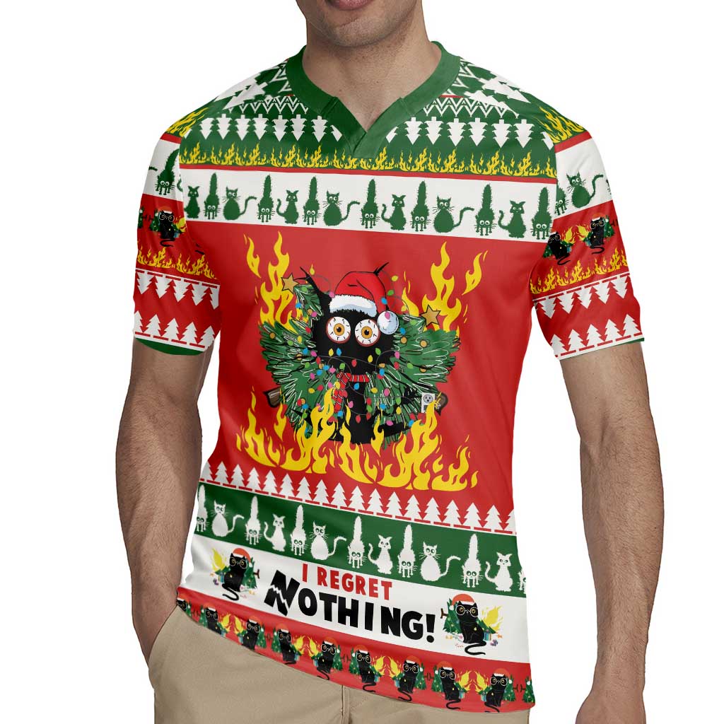 Red and green Christmas rugby jersey with owl face, flames, and 'I regret nothing!'