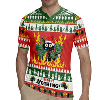 Red and green Christmas rugby jersey with owl face, flames, and 'I regret nothing!'